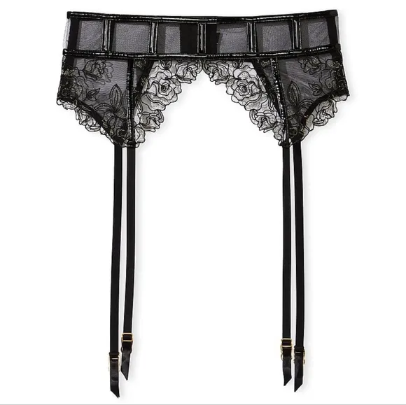 ♣️ Very Sexy Midnight Affair Rose Embroidery Faux Patient Leather Garter Belt ♣️