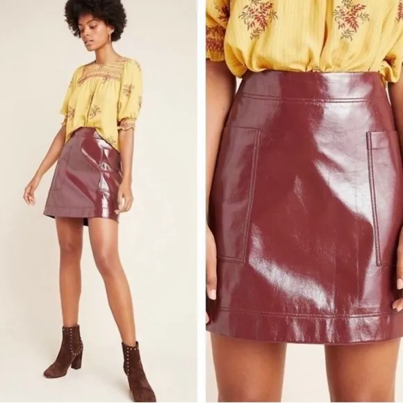 ANTHROPOLOGIE Maeve Cargo Mini Skirt Faux Patent Leather Wine Pockets Size 2