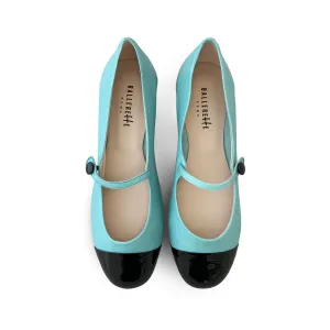Aquamarine ballet flats with patent toe and strap