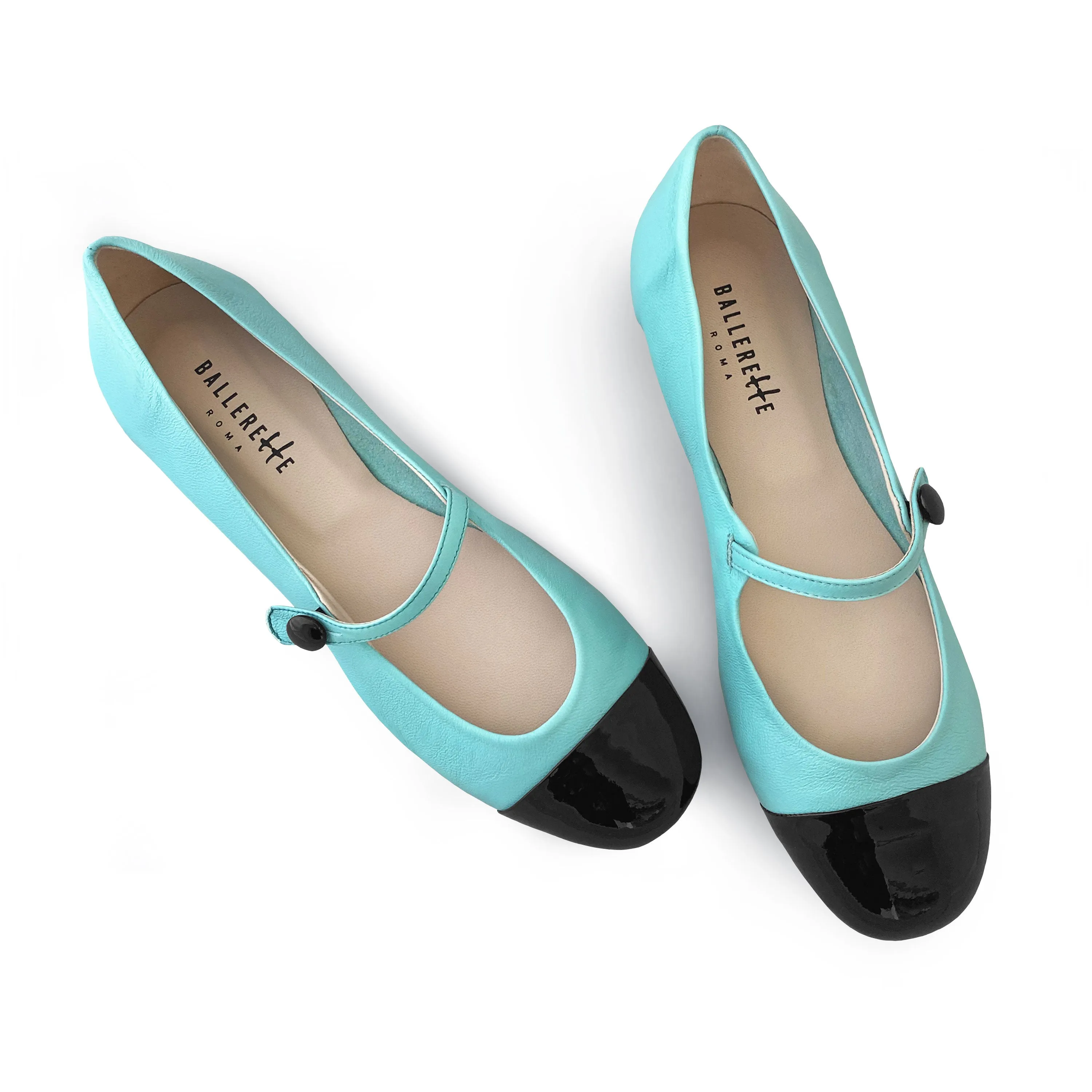 Aquamarine ballet flats with patent toe and strap