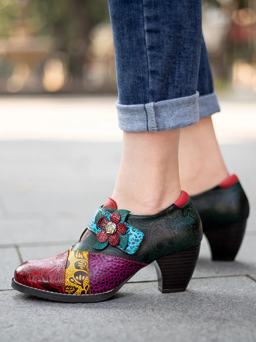 Art Geometric Floral Appliqued Leather  Mid Heel Ankle Boots Pumps