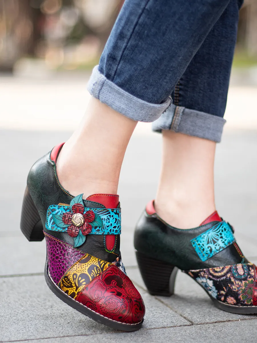 Art Geometric Floral Appliqued Leather  Mid Heel Ankle Boots Pumps
