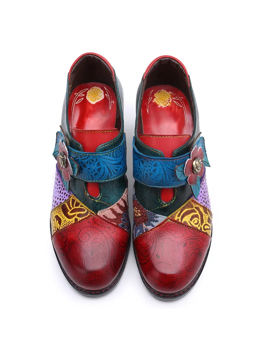 Art Geometric Floral Appliqued Leather  Mid Heel Ankle Boots Pumps