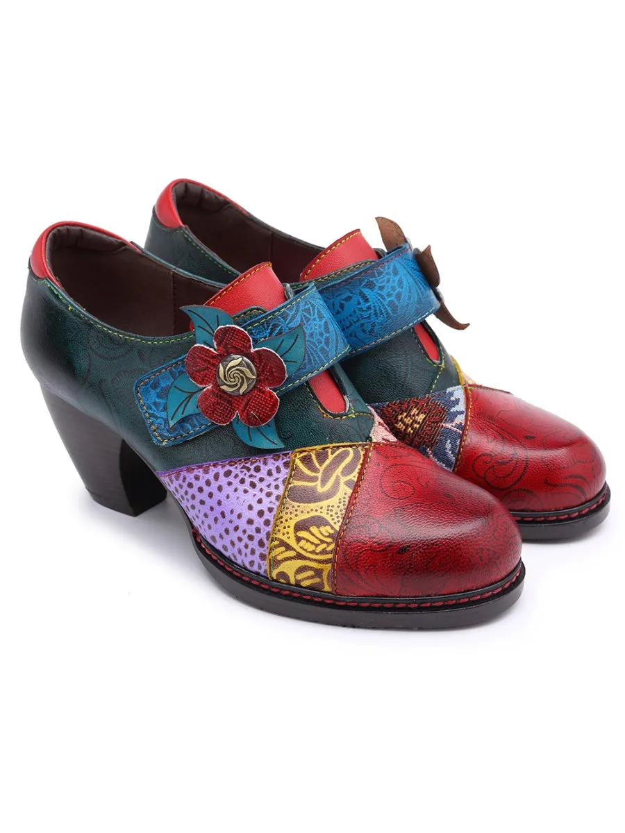 Art Geometric Floral Appliqued Leather  Mid Heel Ankle Boots Pumps