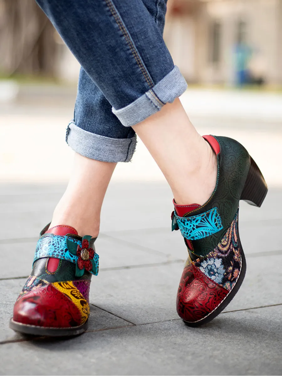Art Geometric Floral Appliqued Leather  Mid Heel Ankle Boots Pumps