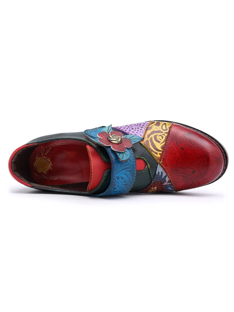 Art Geometric Floral Appliqued Leather  Mid Heel Ankle Boots Pumps