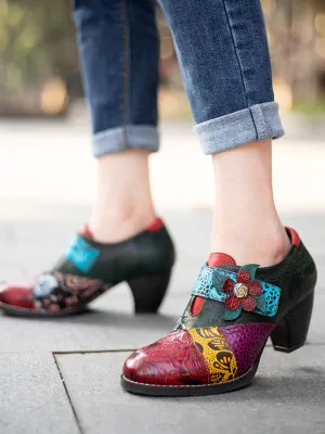 Art Geometric Floral Appliqued Leather  Mid Heel Ankle Boots Pumps
