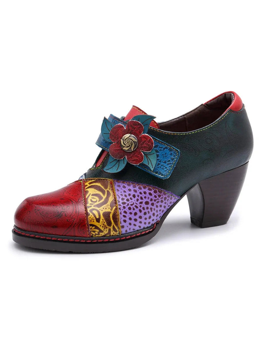 Art Geometric Floral Appliqued Leather  Mid Heel Ankle Boots Pumps