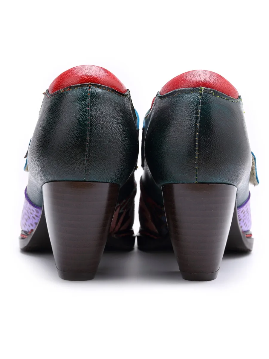 Art Geometric Floral Appliqued Leather  Mid Heel Ankle Boots Pumps