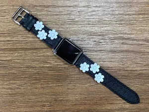 Black Genuine Leather Apple Watch Band in White Flower Decoration, Personalise Apple Watch Band in Series 6 40mm, iWatch Customized Band, Gift Ideas for wife