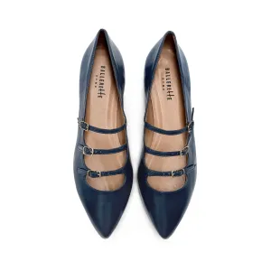 Blue shiny pointed-toe ballet flats with straps