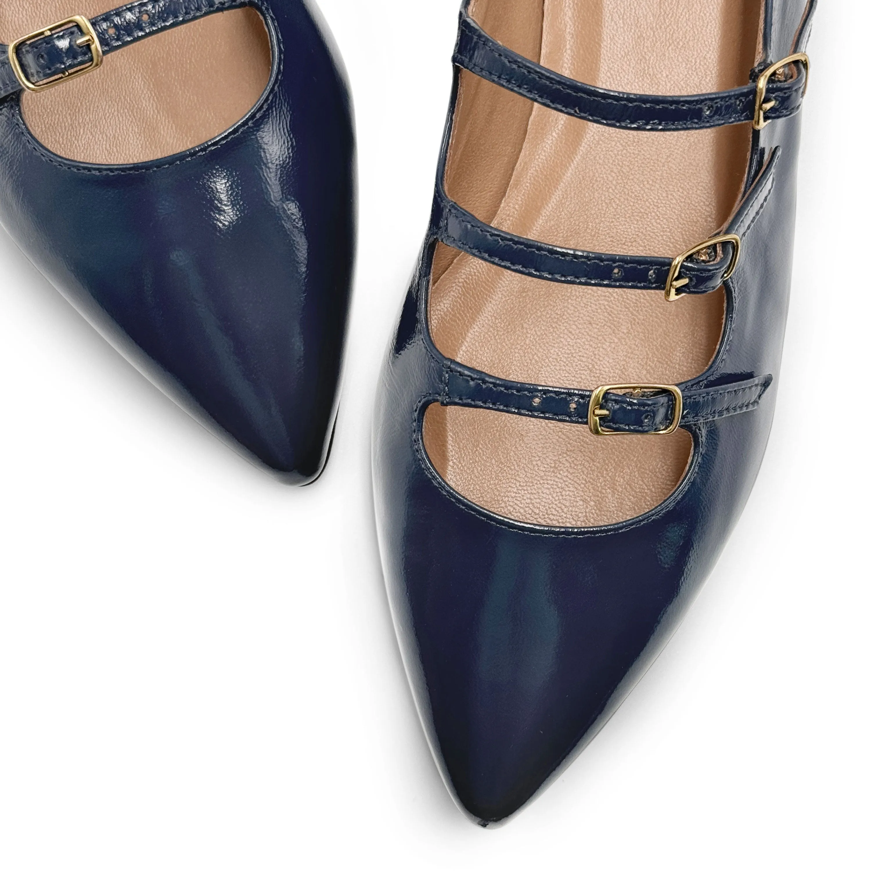 Blue shiny pointed-toe ballet flats with straps