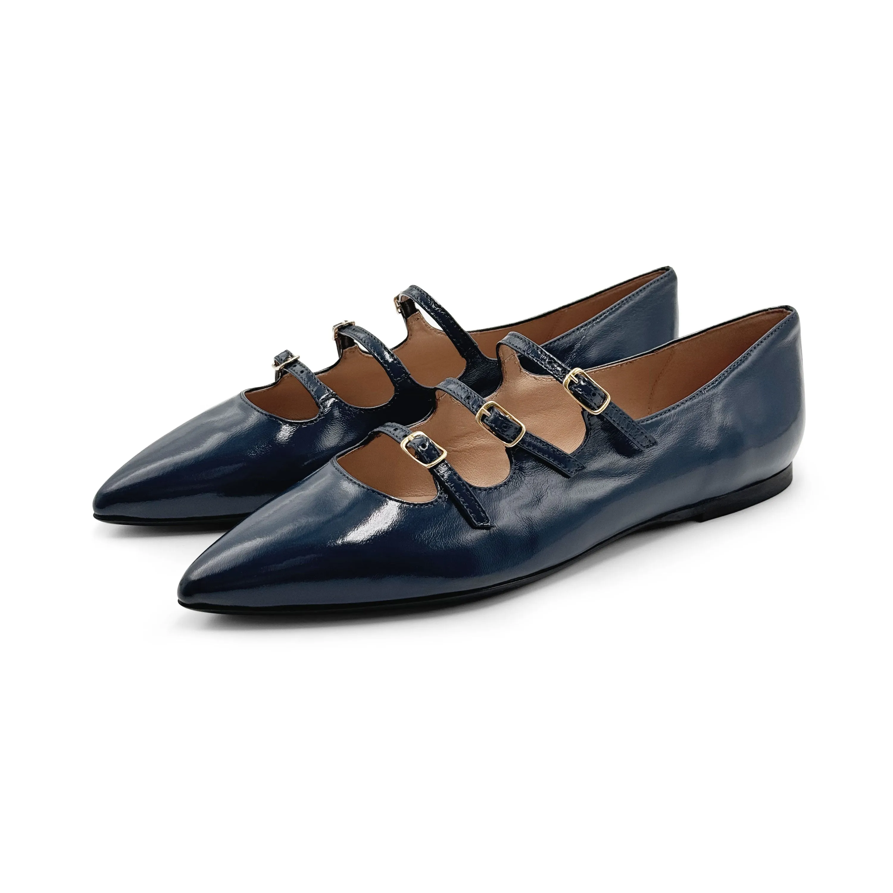 Blue shiny pointed-toe ballet flats with straps
