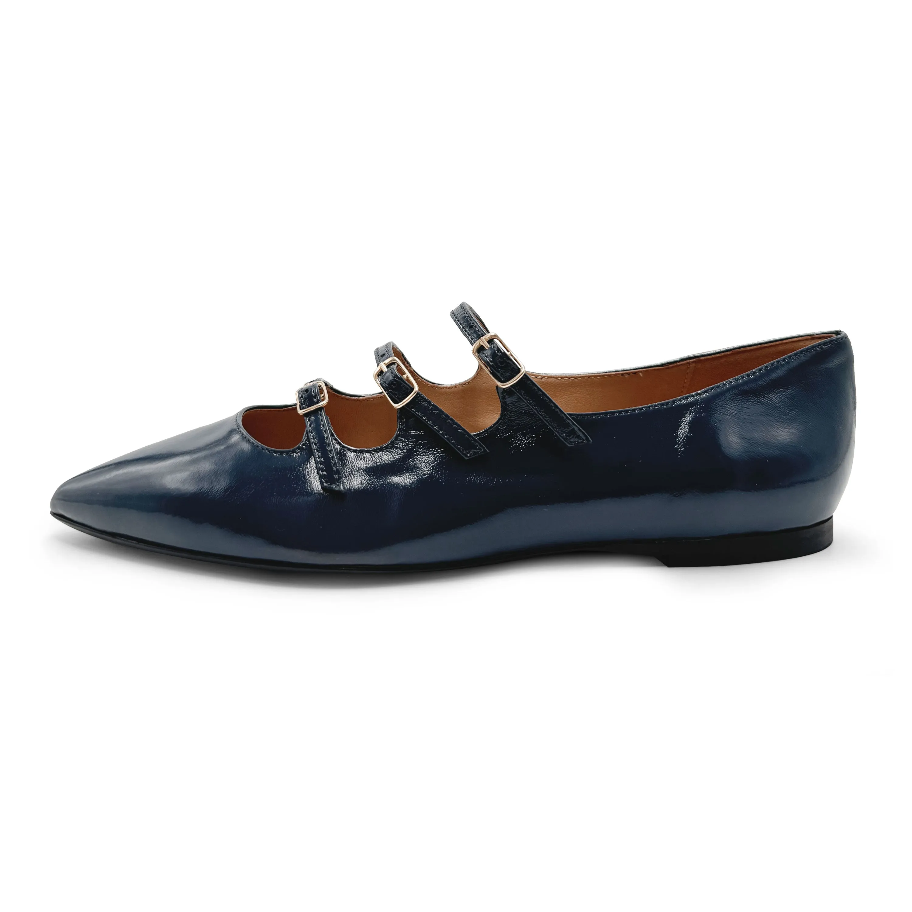 Blue shiny pointed-toe ballet flats with straps