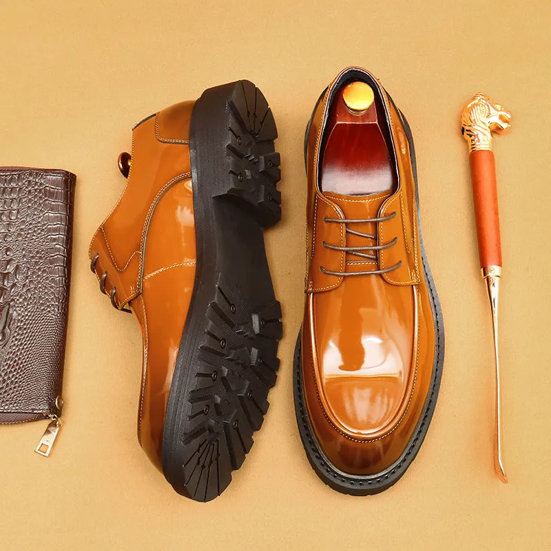 British Casual Leather Shoes Men's Business Formal Wear Genuine Leather Big Head Patent Leather Glossy Platform Men's Shoes23552