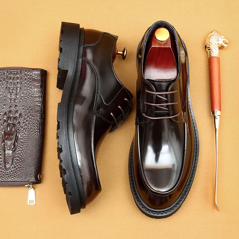 British Casual Leather Shoes Men's Business Formal Wear Genuine Leather Big Head Patent Leather Glossy Platform Men's Shoes23552
