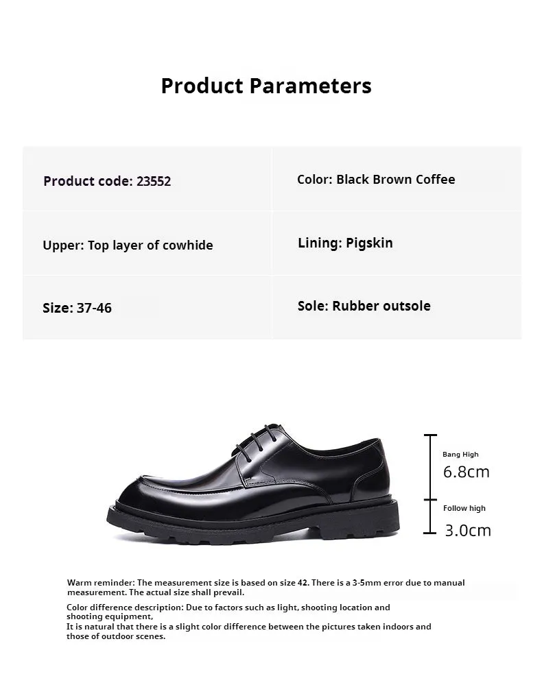 British Casual Leather Shoes Men's Business Formal Wear Genuine Leather Big Head Patent Leather Glossy Platform Men's Shoes23552