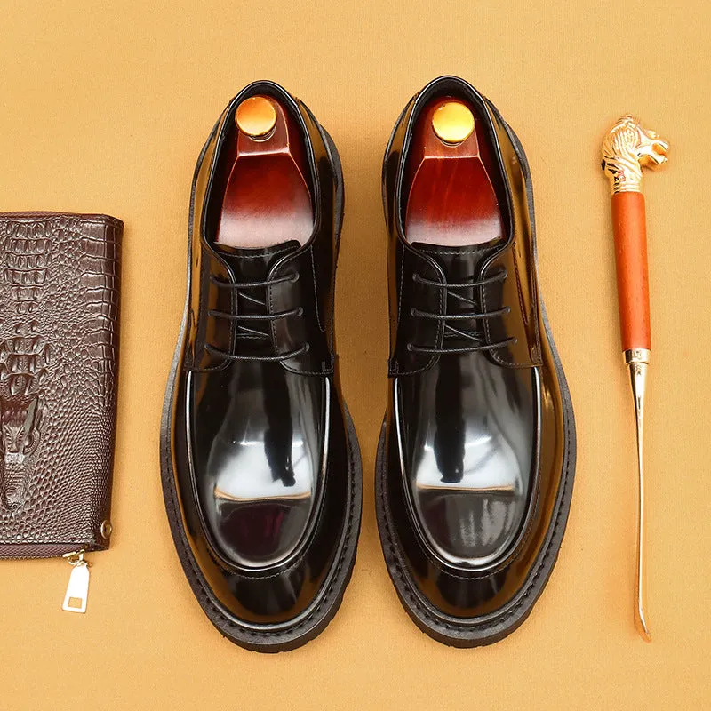 British Casual Leather Shoes Men's Business Formal Wear Genuine Leather Big Head Patent Leather Glossy Platform Men's Shoes23552