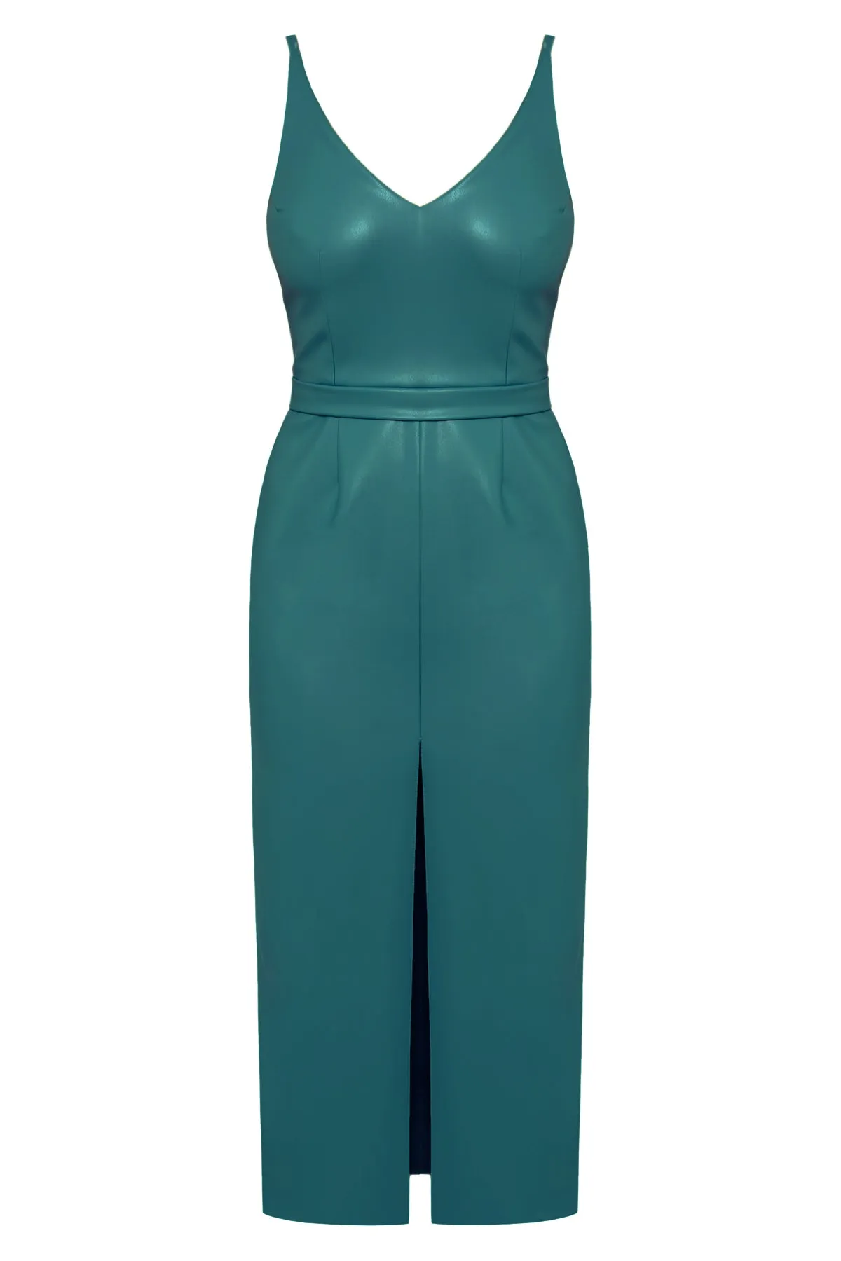 CALISTA azure blue vegan leather midi dress