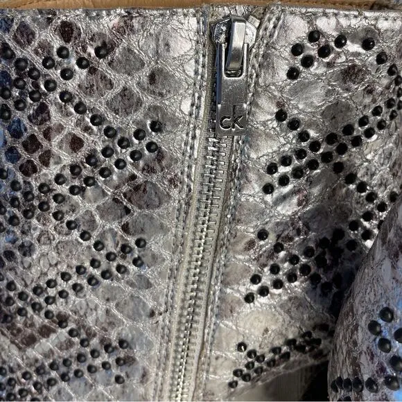 Calvin Klein Jamine Foiled Python Snake Print Studded Ankle Bootie