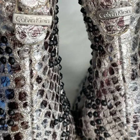 Calvin Klein Jamine Foiled Python Snake Print Studded Ankle Bootie