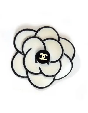 Chanel White/Black Patent Leather CC Camellia Brooch