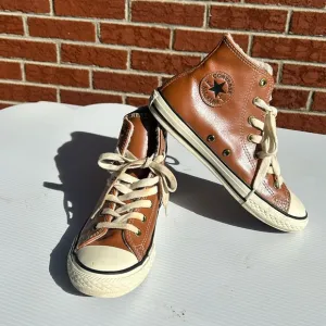 Converse ,youth size 3 , brown, leather, upper and rubber bottom in white