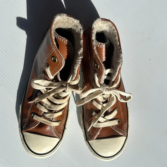 Converse ,youth size 3 , brown, leather, upper and rubber bottom in white