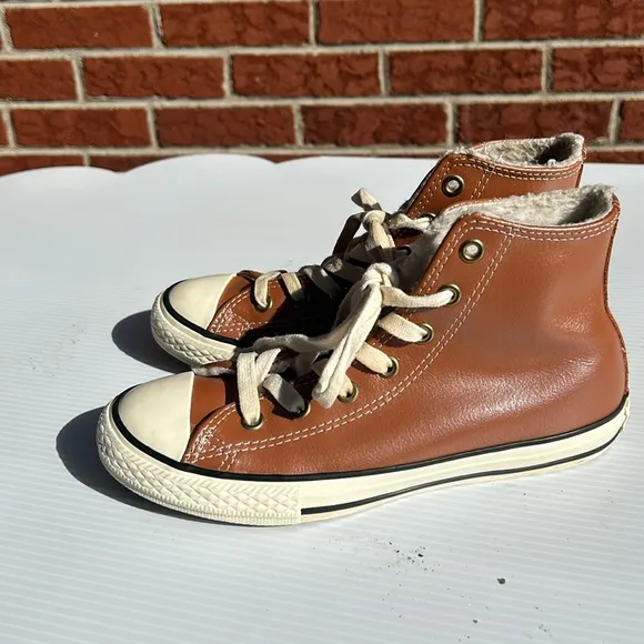 Converse ,youth size 3 , brown, leather, upper and rubber bottom in white