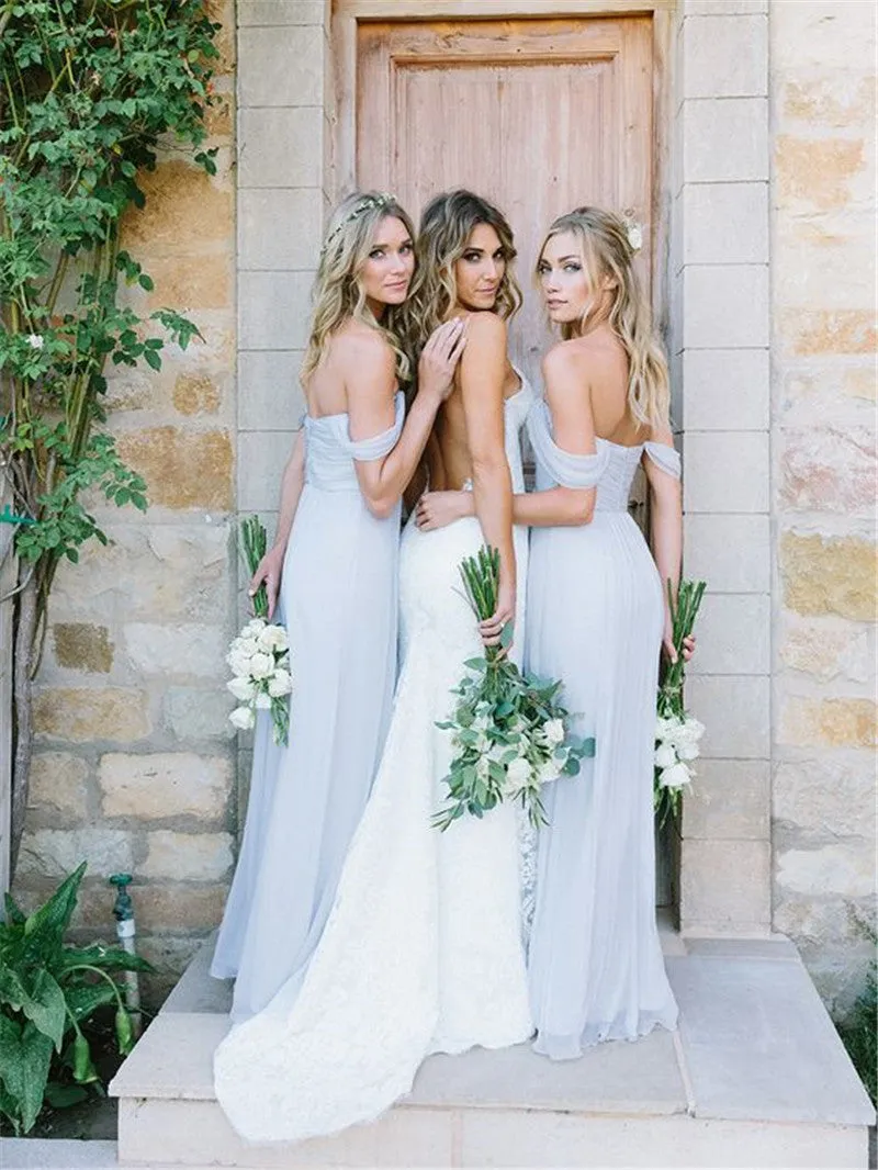 Dusty Blue Bridesmaid Dress Off Shoulder Mismatched Bridesmaid Dresses Long Chiffon Prom Dress Blue