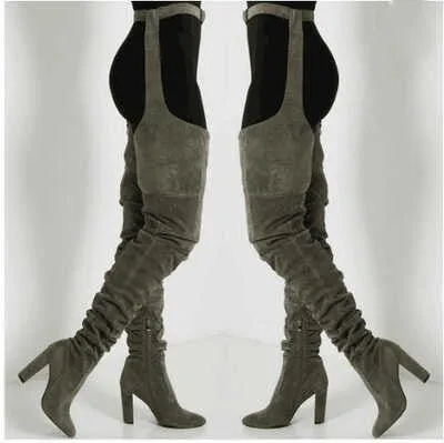 European And American Style Solid Color Suede Fashion Pointed Personality Chunky Heel Over The Knee Women's Fashion Boots