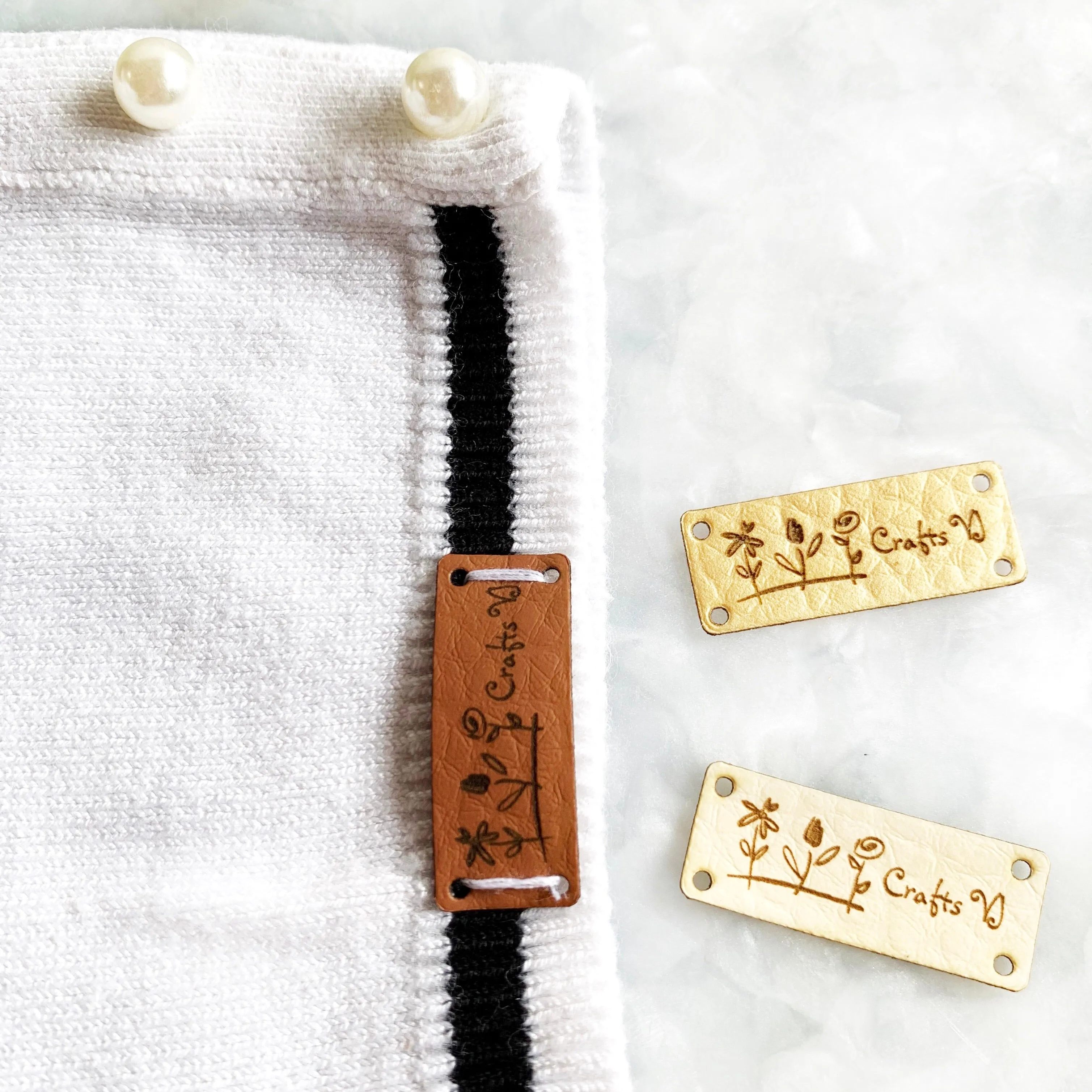 Faux leather labels with custom logo 30x15mm (1.2x0.6in) for knitting and crochet or accessories