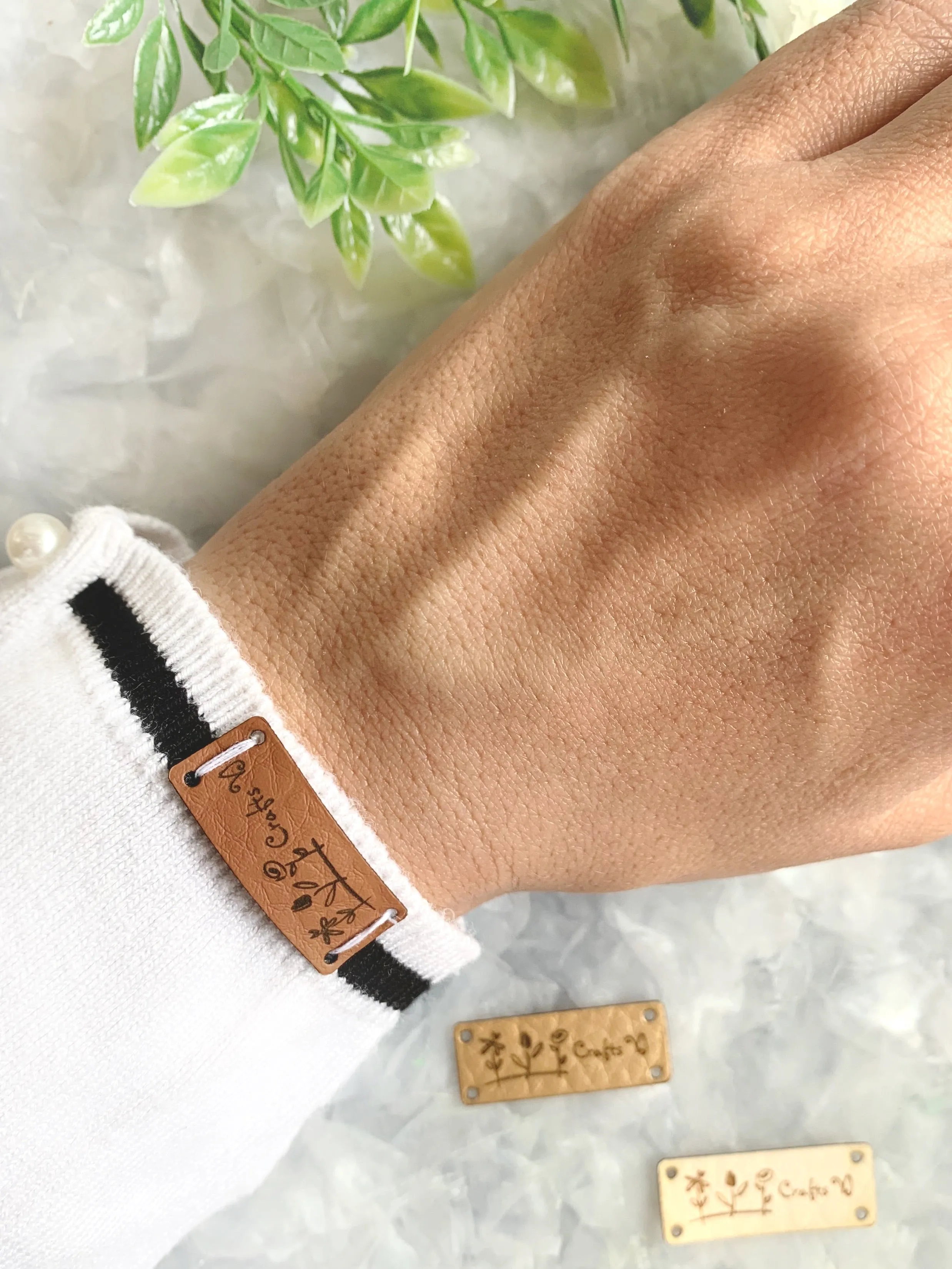 Faux leather labels with custom logo 30x15mm (1.2x0.6in) for knitting and crochet or accessories