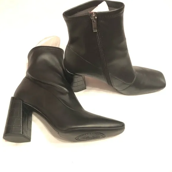 Franco Sarto Harmond Black Stretch leather Boot Square Toe 9 M chunky block heel