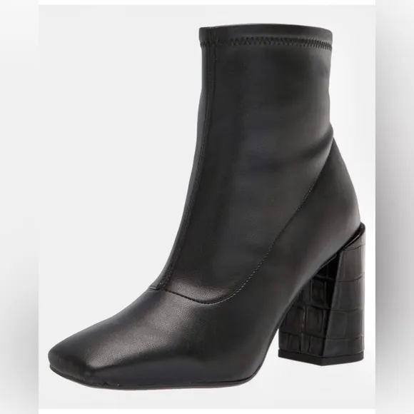 Franco Sarto Harmond Black Stretch leather Boot Square Toe 9 M chunky block heel