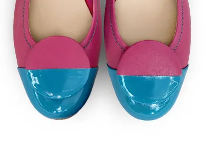 Fuchsia leather ballet flats with teal patent leather toe and stud