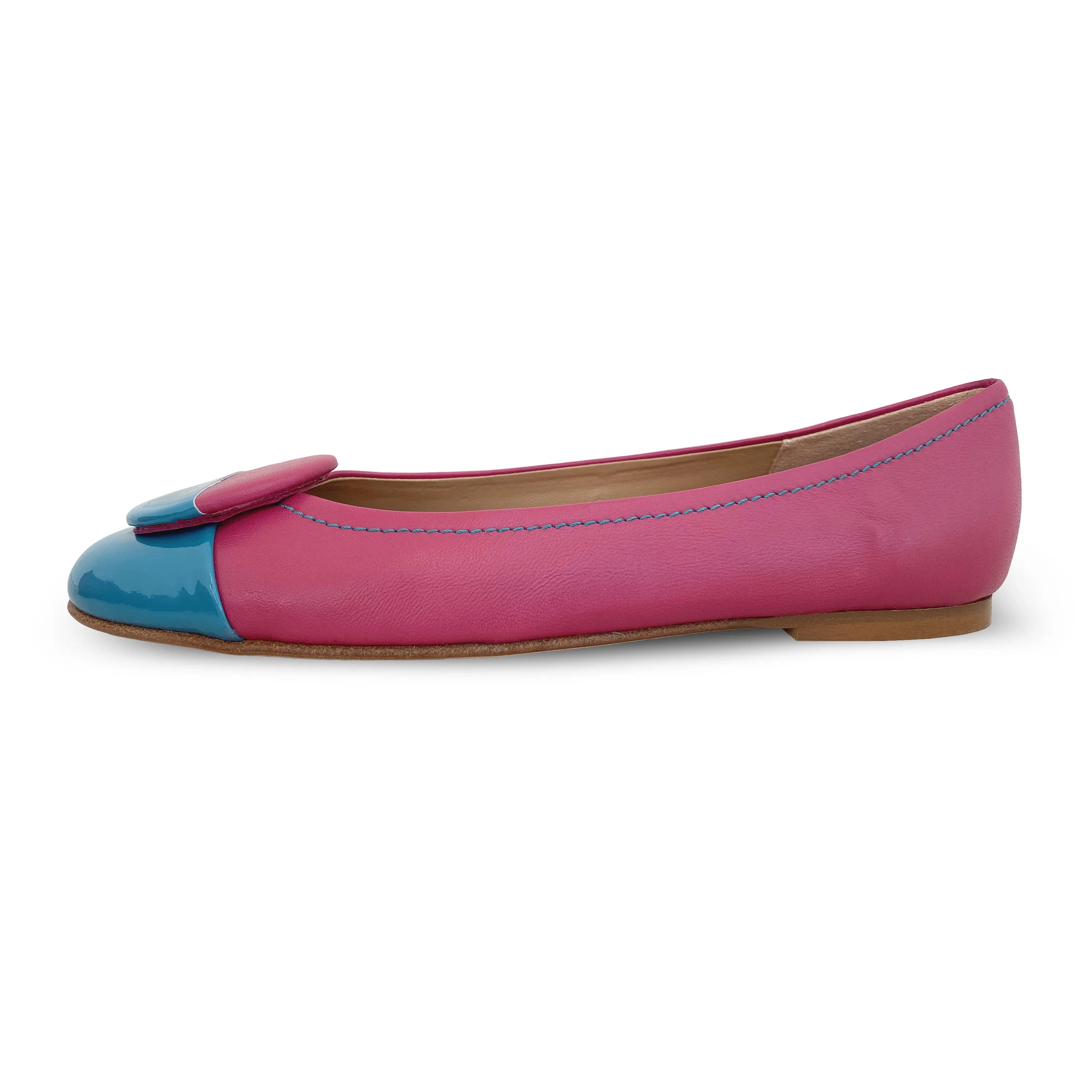 Fuchsia leather ballet flats with teal patent leather toe and stud