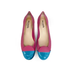 Fuchsia leather ballet flats with teal patent leather toe and stud