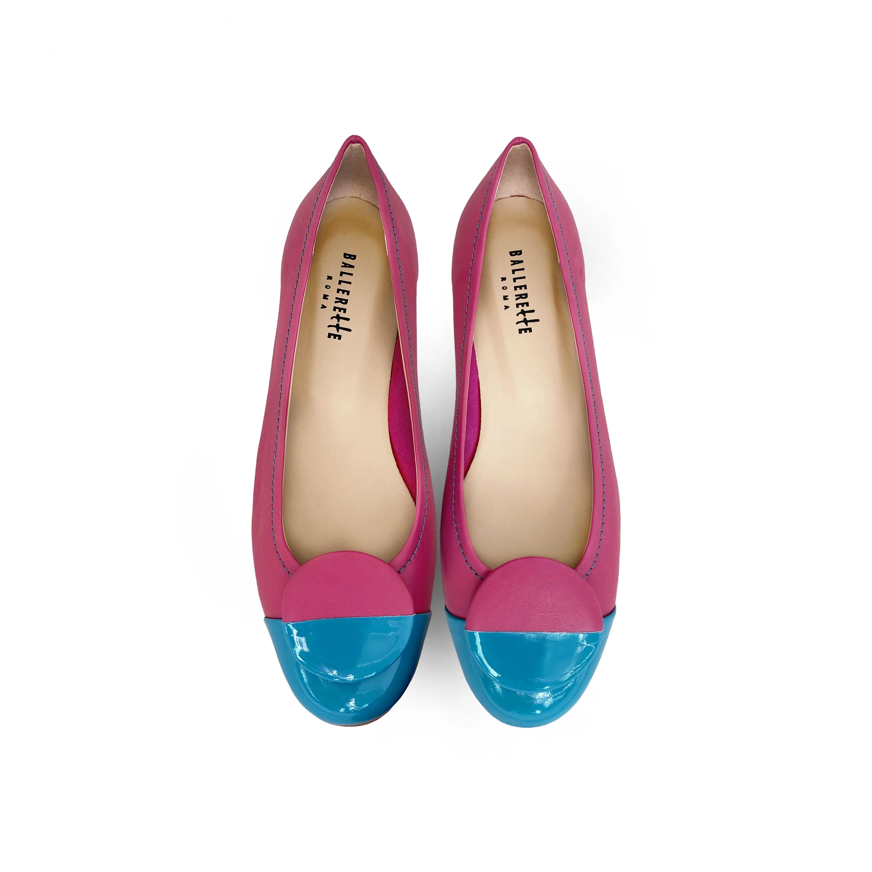 Fuchsia leather ballet flats with teal patent leather toe and stud
