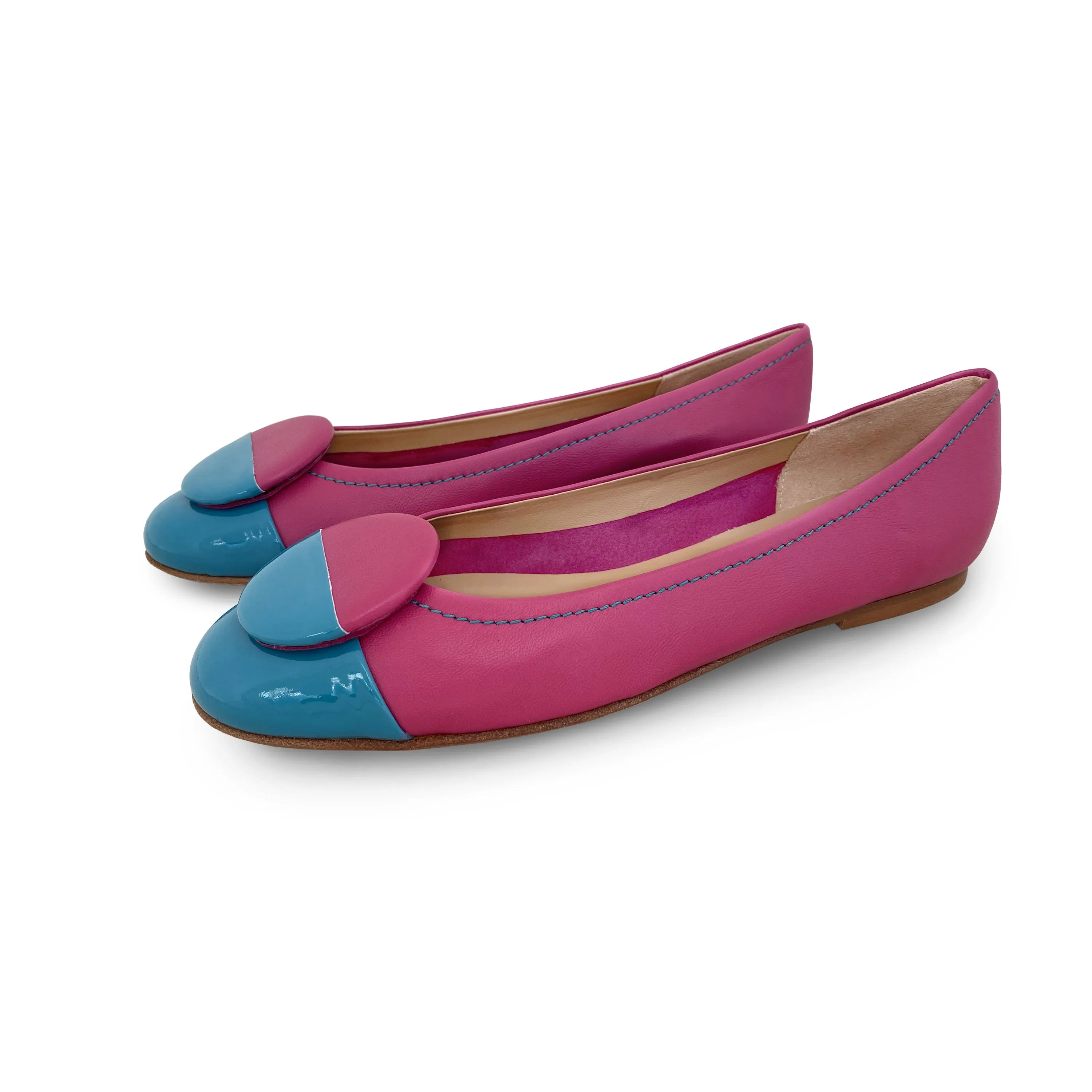 Fuchsia leather ballet flats with teal patent leather toe and stud