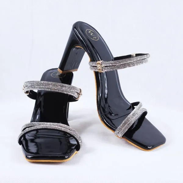 Gemma Black Patent Block Heel Mules and Sandals