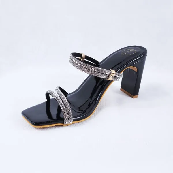 Gemma Black Patent Block Heel Mules and Sandals