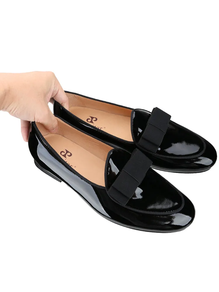 Handmade bow black patent leather men's loafers European and American party wedding banquet style slip-on genuine leather formal shoes for men