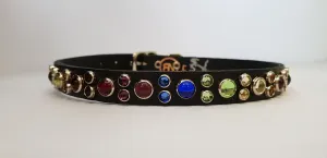 HB 1/2" Collar - Black Leather / Rainbow Stones & Crystals
