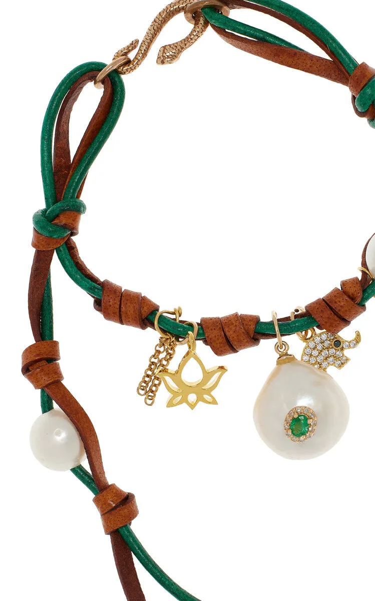 Knotted Leather 18k Yellow Gold Pearl Gemburst Bracelet