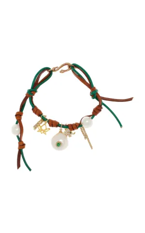 Knotted Leather 18k Yellow Gold Pearl Gemburst Bracelet
