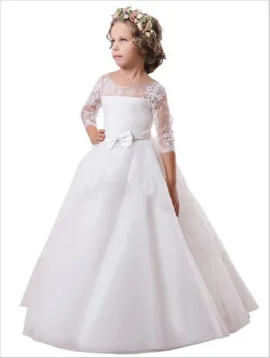 Lace Jewel Long Sleeves Satin Flower Girl Dresses Floor Length Ball Gown