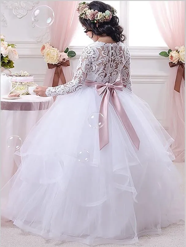 Lace Tulle Long Sleeves Floor Length Flower Girl Dresses Ball Gown