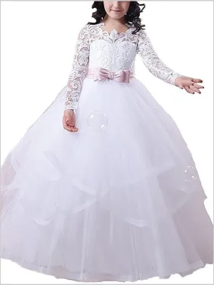 Lace Tulle Long Sleeves Floor Length Flower Girl Dresses Ball Gown