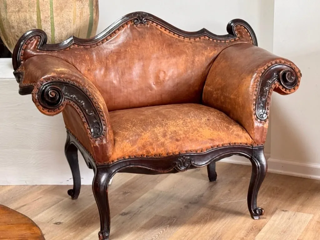 Leather Banquette, Chair / Settee Italian 18th Century Lombardi